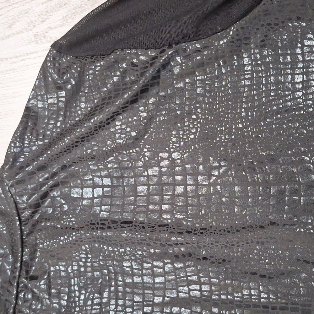 Black Long Sleeve Bodysuit with Textured Crocodile Design with Mesh Sleeves- L - Picture 3 of 8